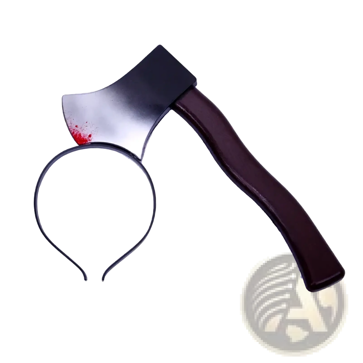 A black plastic axe head with red splatter attached to a dark brown handle next to a matching black headband for halloween parties