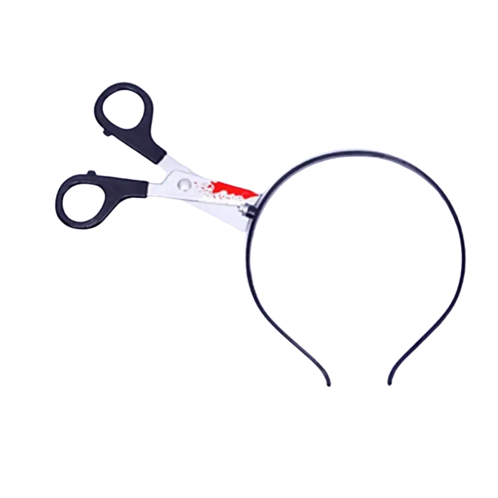 Black plastic headband with miniature black handled scissors and red fake blood for bloody halloween weapon props