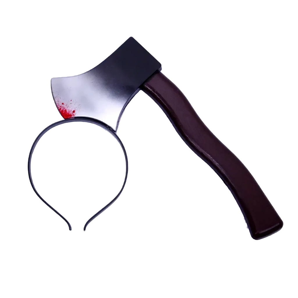 A black plastic axe head with red splatter attached to a dark brown handle next to a matching black headband for halloween parties
