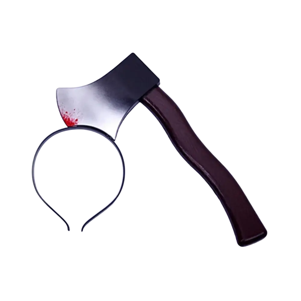 A black and silver axe head with faux blood splatter attached to a dark brown handle for halloween costume accessory