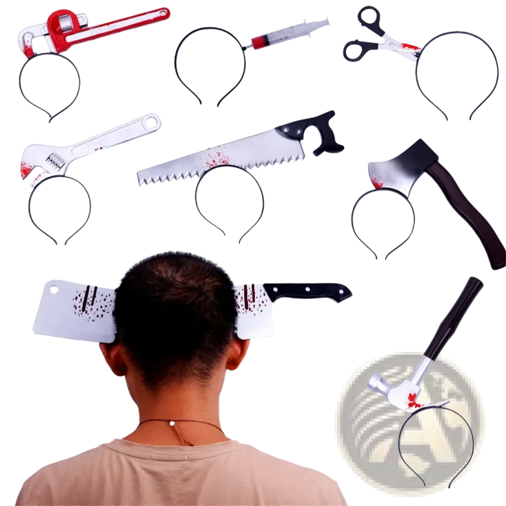 A child wearing a white plastic meat cleaver headband with black handle and red splatter for bloody Halloween party props