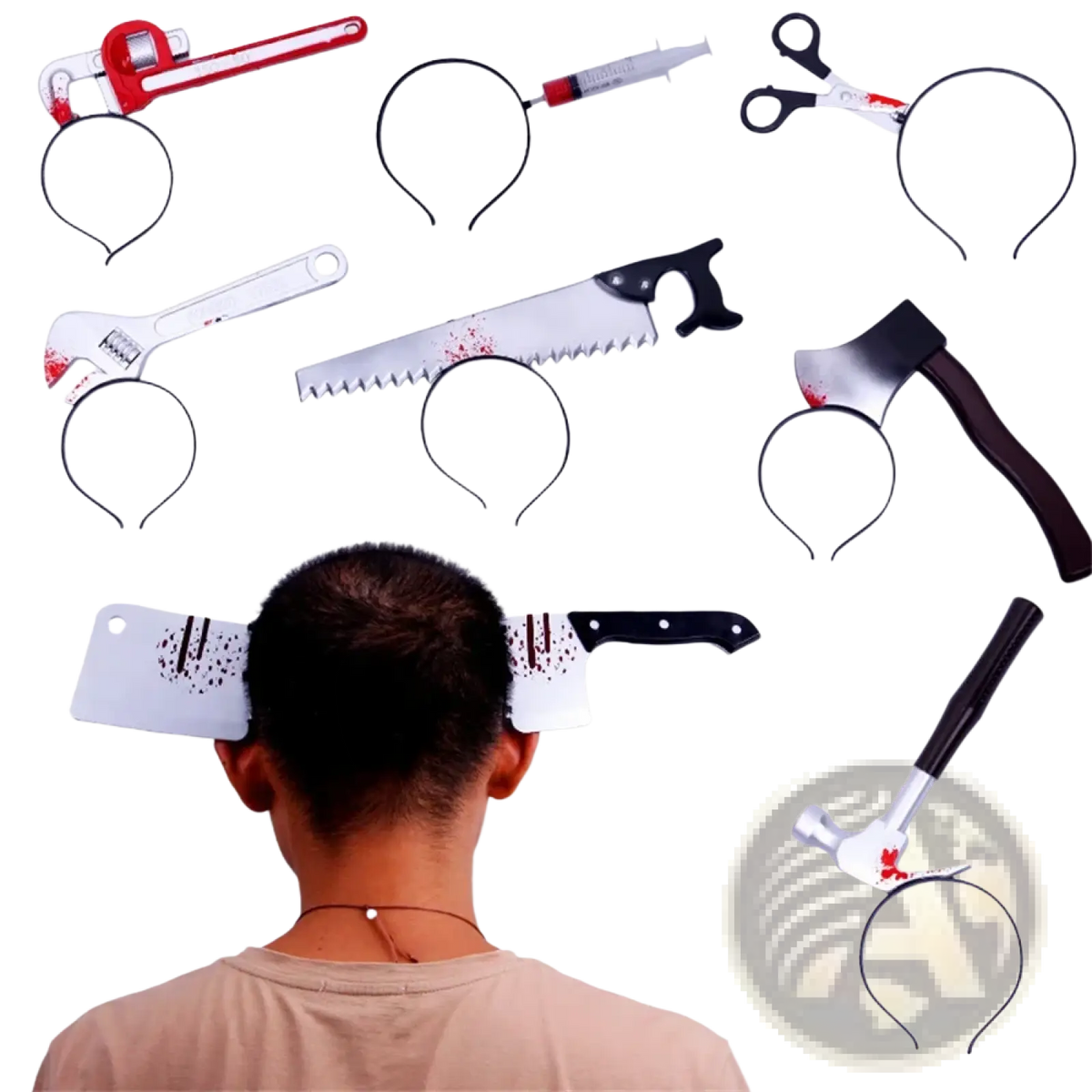 A child wearing a white plastic meat cleaver headband with black handle and red splatter for bloody Halloween party props