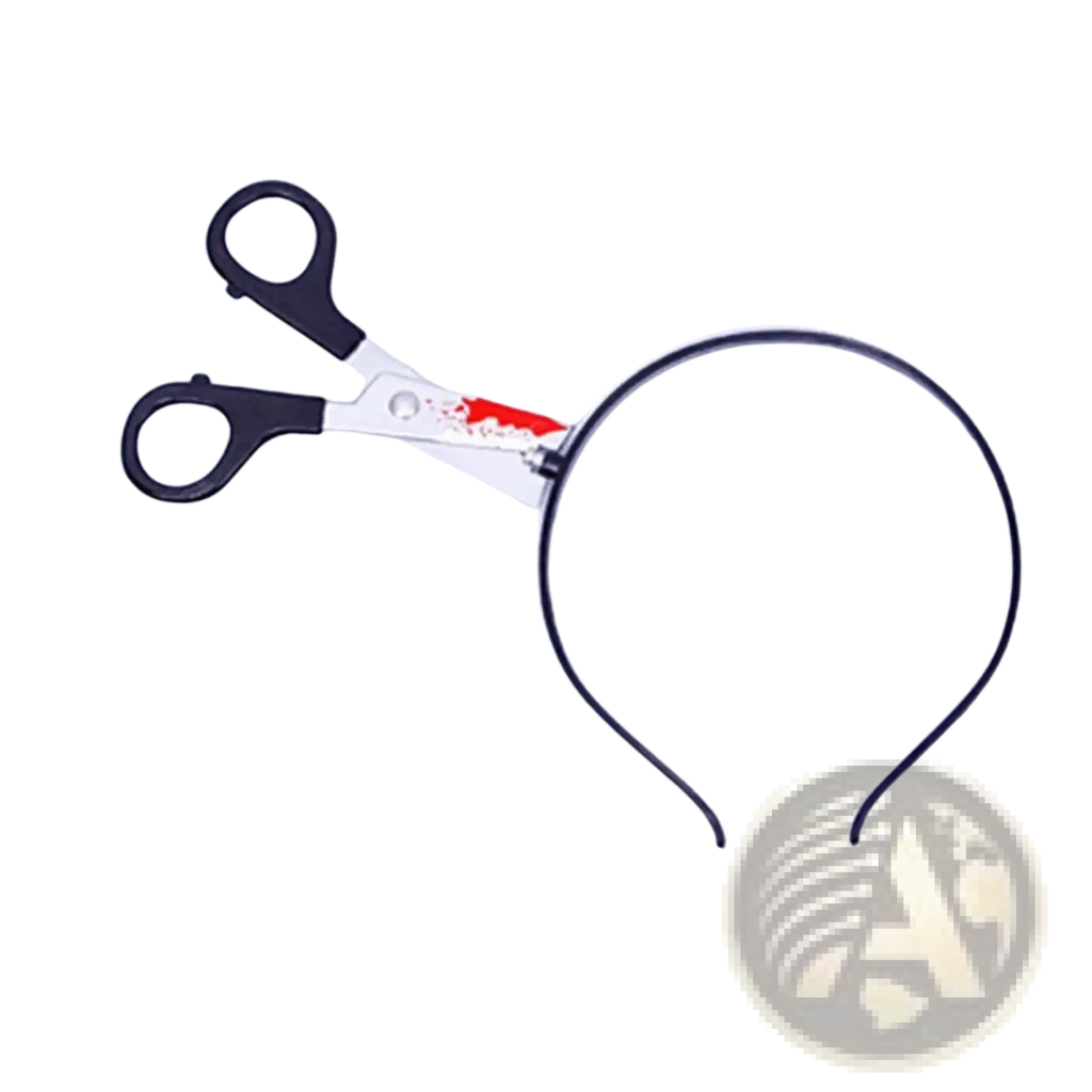 Black plastic headband with miniature black handled scissors and red fake blood for bloody halloween weapon props
