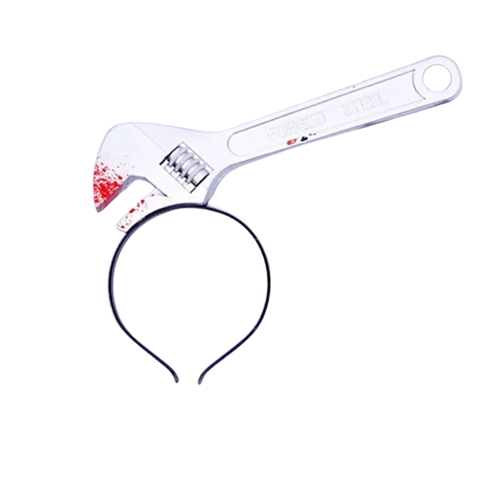 Silver adjustable wrench headband with red splatter design used as bloody Halloween weapon horror party prop