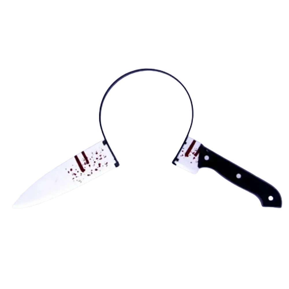 White and black plastic bloody Halloween weapon headband with two fake knives and red splatter details for party props