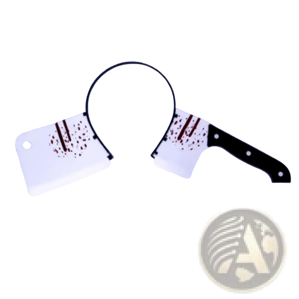 White plastic kitchen knife head buckle with black handle and red splatter design for bloody Halloween weapon headbands