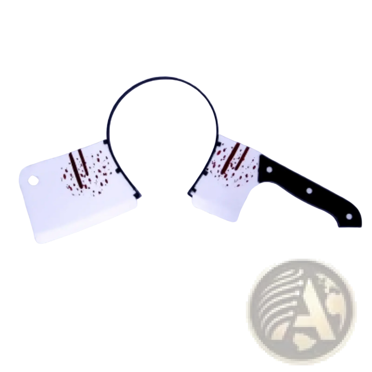 White plastic kitchen knife head buckle with black handle and red splatter design for bloody Halloween weapon headbands