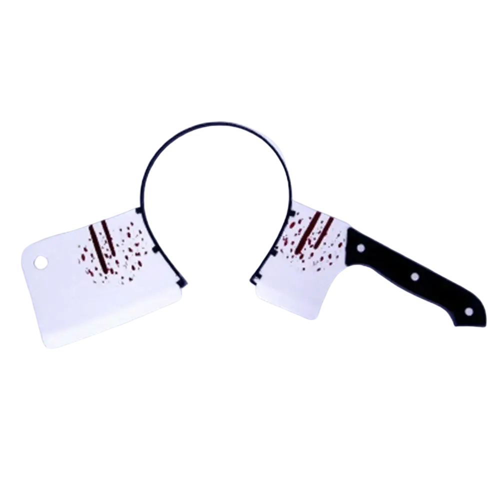 White plastic halloween headband featuring butcher knife and cleaver with black handles and red splatter for horror party use