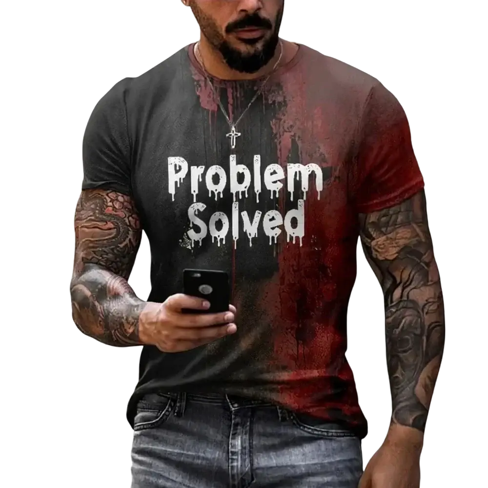Men’s oversized black and red gradient cotton graphic tee with dripping white problem solved print for Halloween use