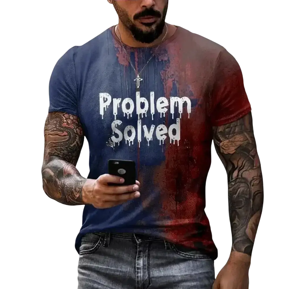 Blue and red gradient graphic tee with bloody print and dripping white problem solved text for halloween graphic use
