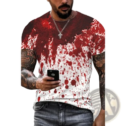 White and red splatter-patterned oversized short-sleeve cotton t-shirt with bloody print halloween graphic design for men