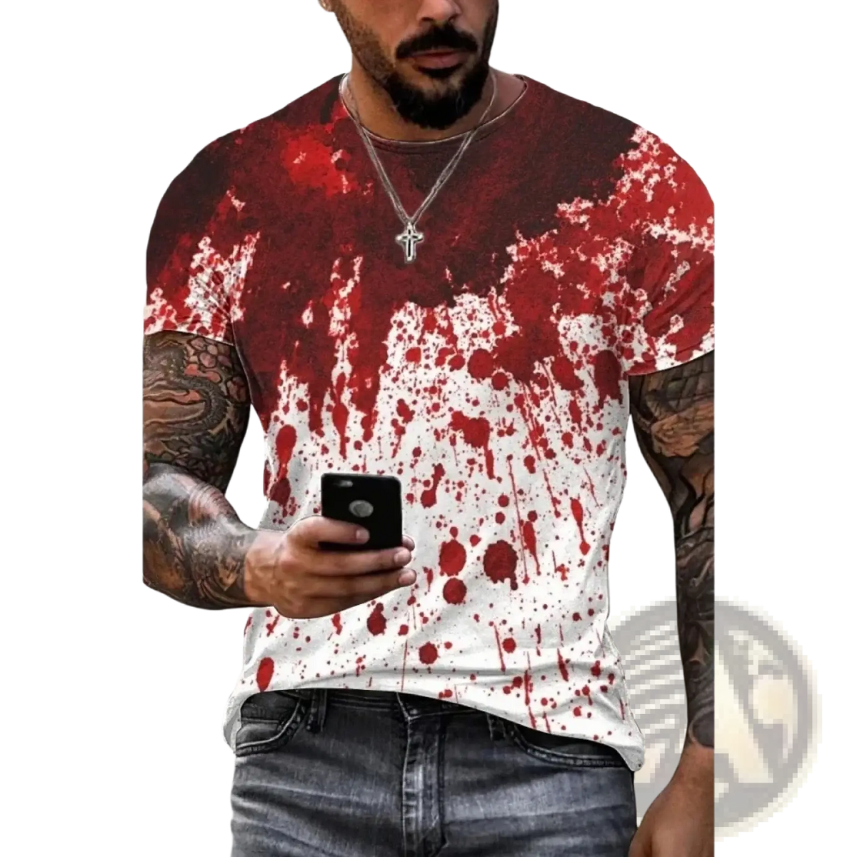 White and red splatter-patterned oversized short-sleeve cotton t-shirt with bloody print halloween graphic design for men