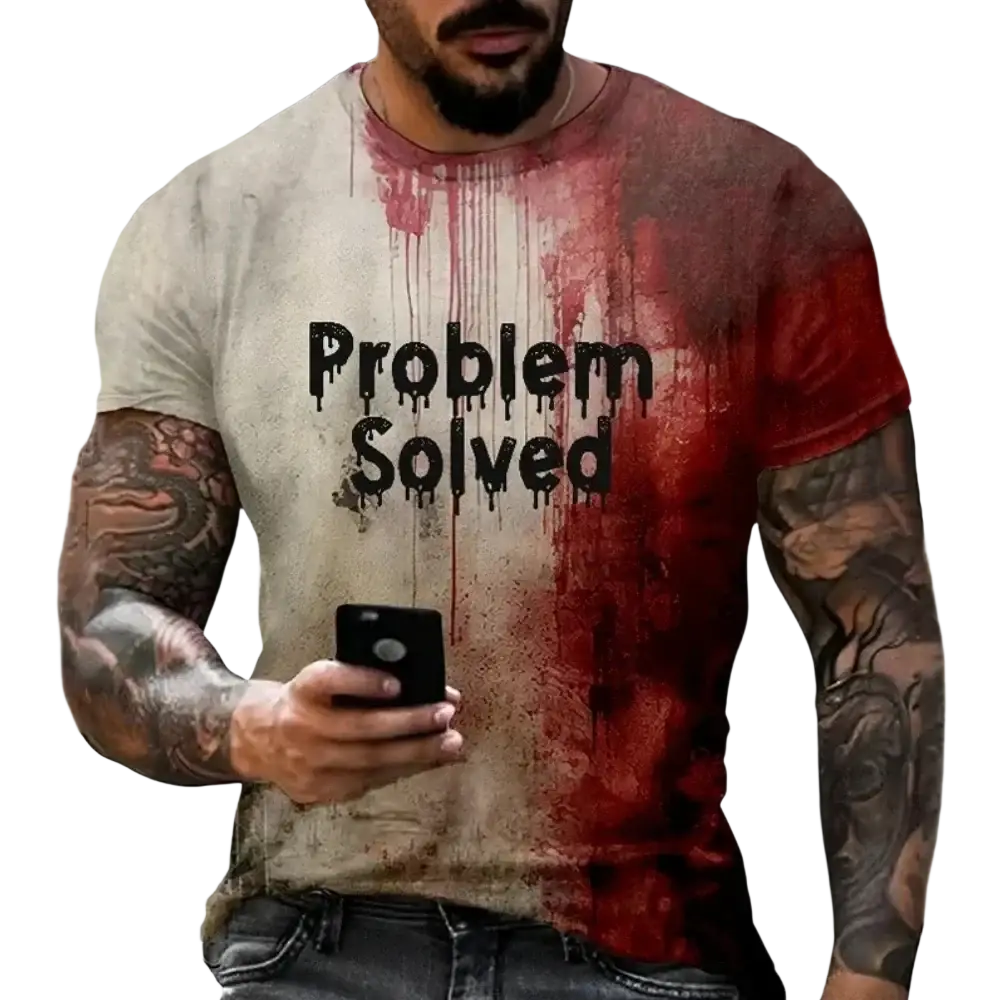 A distressed gray and red oversized graphic tee for men with problem solved print in black dripping font for Halloween