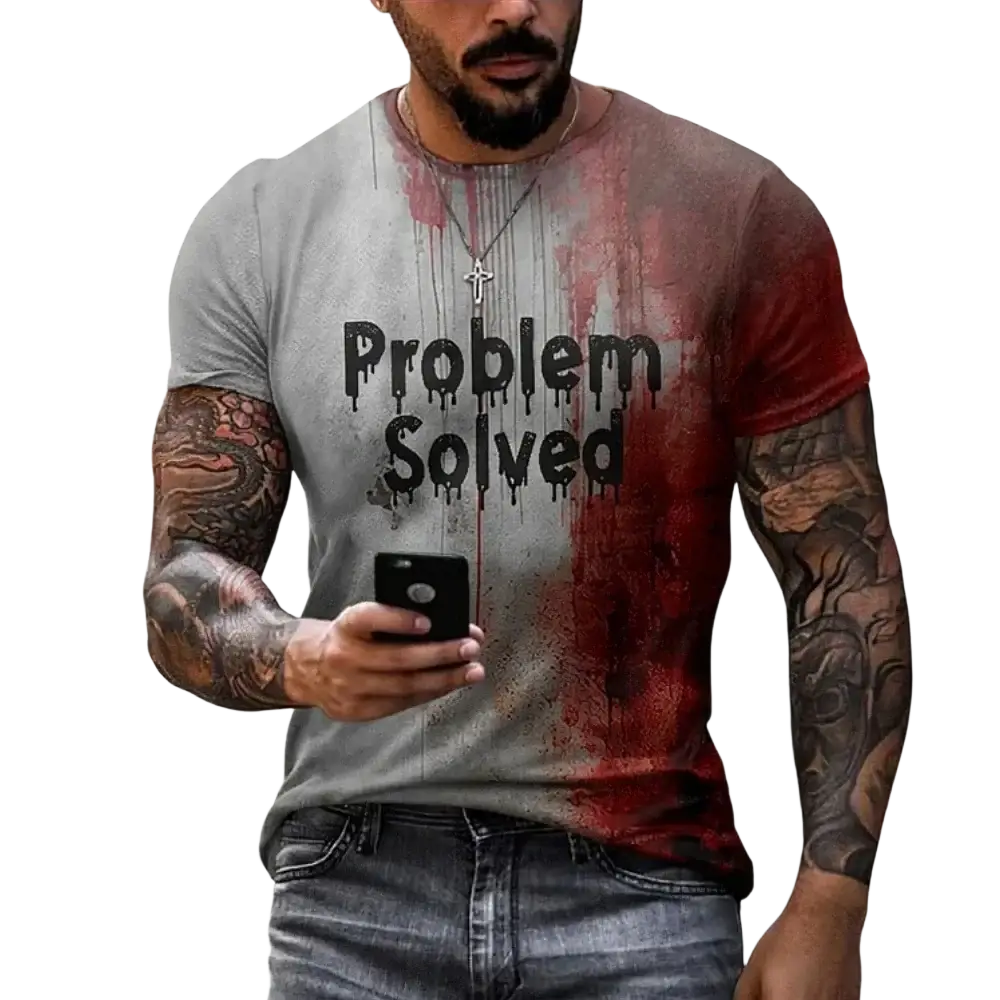 Gray and red oversized halloween graphic tee men with problem solved print and dripping paint design