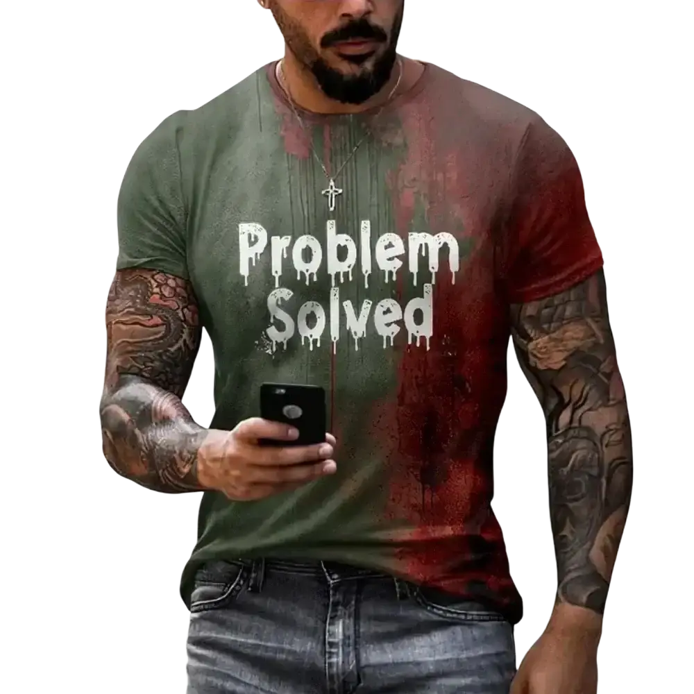 Olive green and red gradient bloody print halloween graphic tee men oversized with problem solved dripping white text