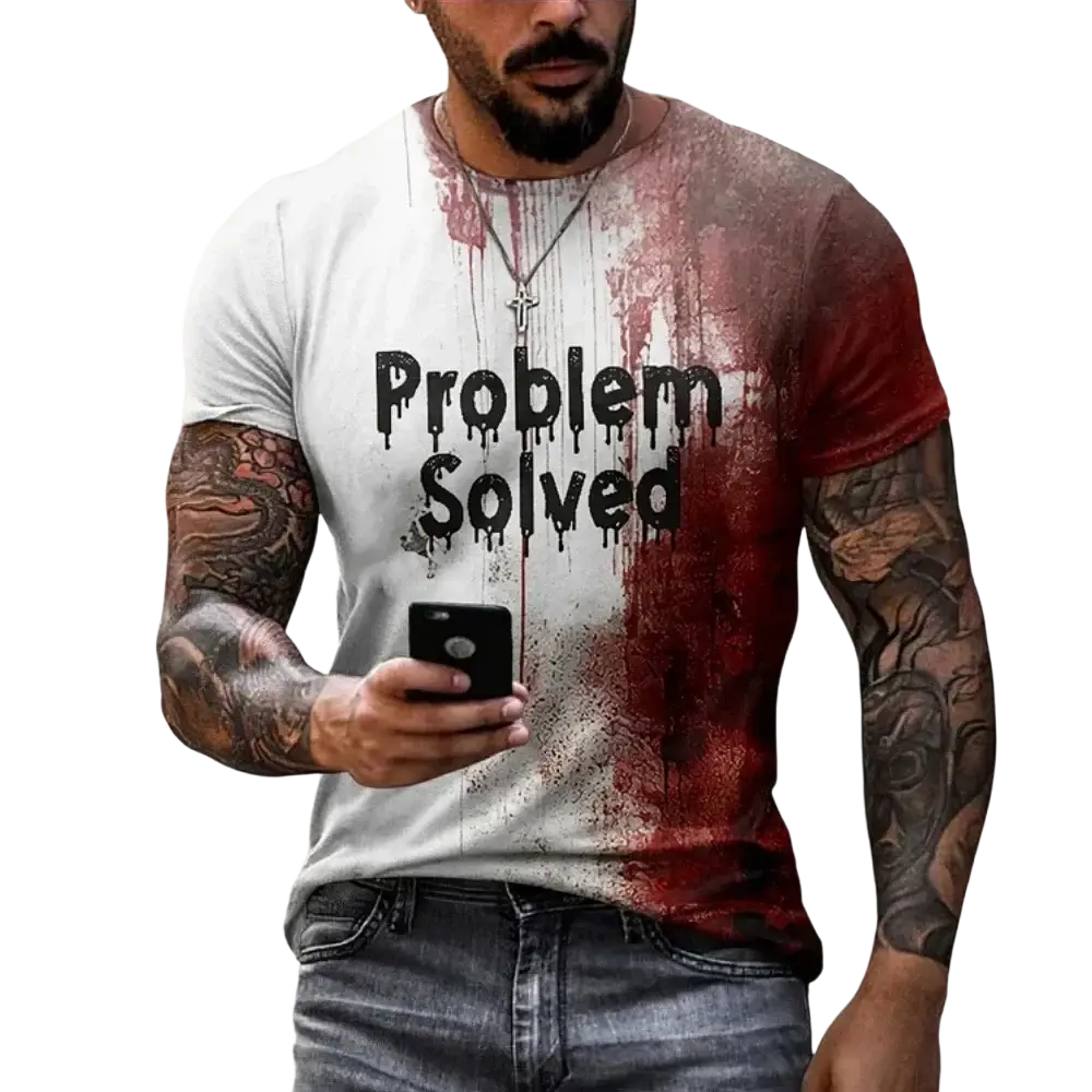 Men’s oversized white and red cotton graphic tee with dripping paint problem solved print for Halloween wear