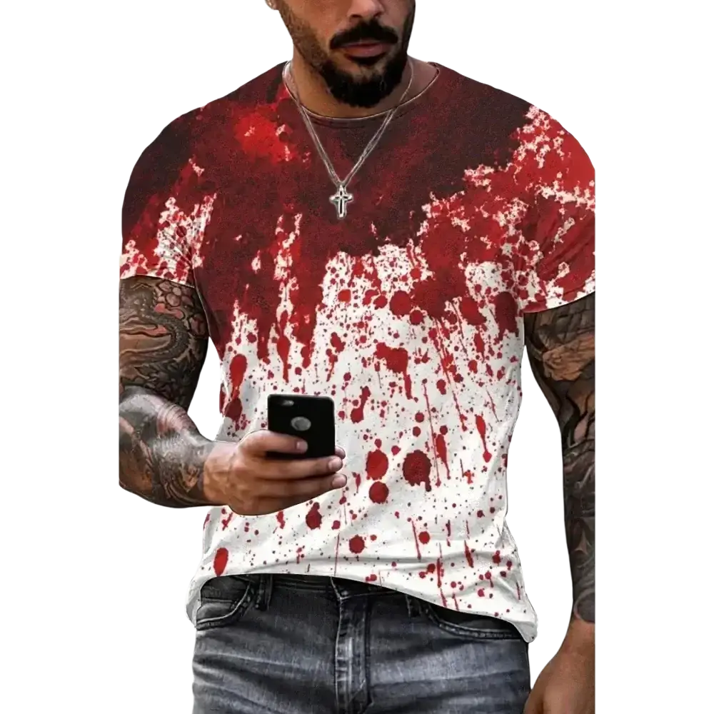 White short-sleeved cotton graphic tee with bold red bloody print design for halloween graphic oversized fit men