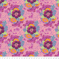 Bloom retro purple floral pink cotton fabric featuring bold purple blossoms with green leaves and orange accents per yard