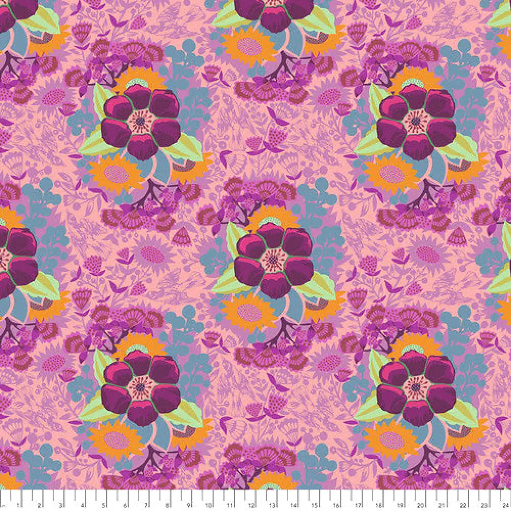 Bloom retro purple floral pink cotton fabric featuring bold purple blossoms with green leaves and orange accents per yard