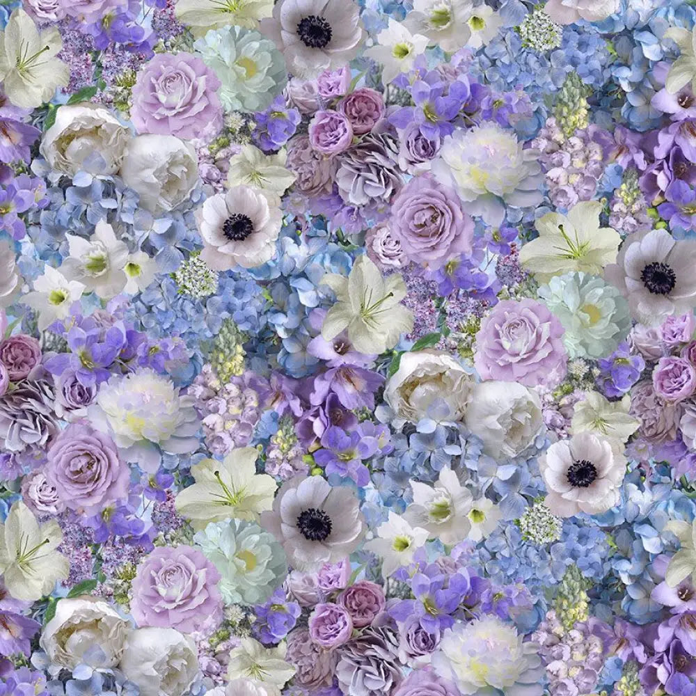 Blossom vintage 1950s floral cotton midi dress with pockets featuring lavender roses peonies blue hydrangeas and anemones