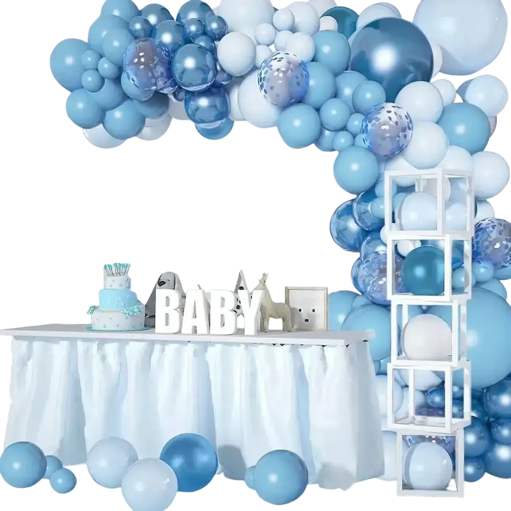 Blue balloon garland arch kit featuring latex balloons in solid, metallic, and confetti patterns for party decoration
