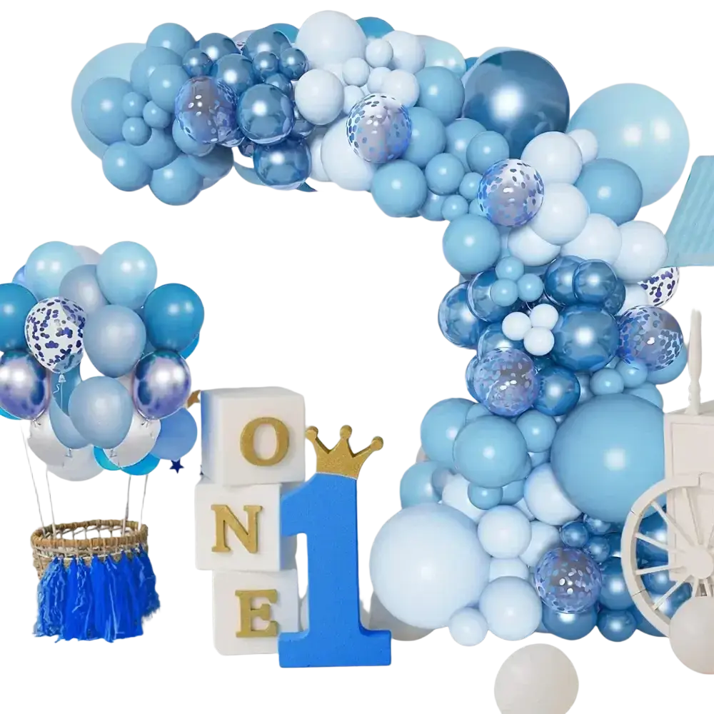 Blue balloon garland arch kit featuring shiny metallic and confetti-filled balloons in assorted sizes for party decoration