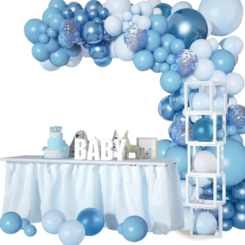 Blue balloon garland arch kit featuring decorative balloons in various blue shades white and confetti for party decor