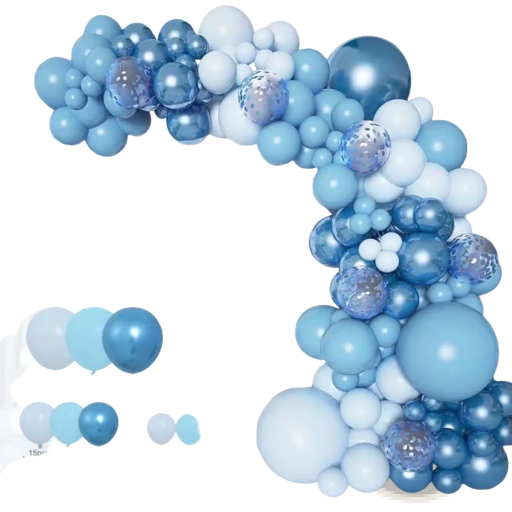 A decorative blue balloon garland arch kit with assorted white and metallic latex balloons for party decoration