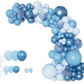 A decorative blue balloon garland arch kit with assorted white and metallic latex balloons for party decoration