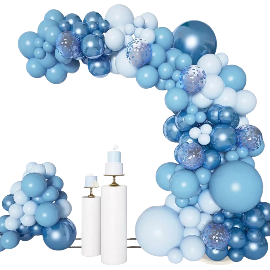 Blue balloon garland arch kit featuring various shades of blue latex balloons with solid metallic and confetti patterns