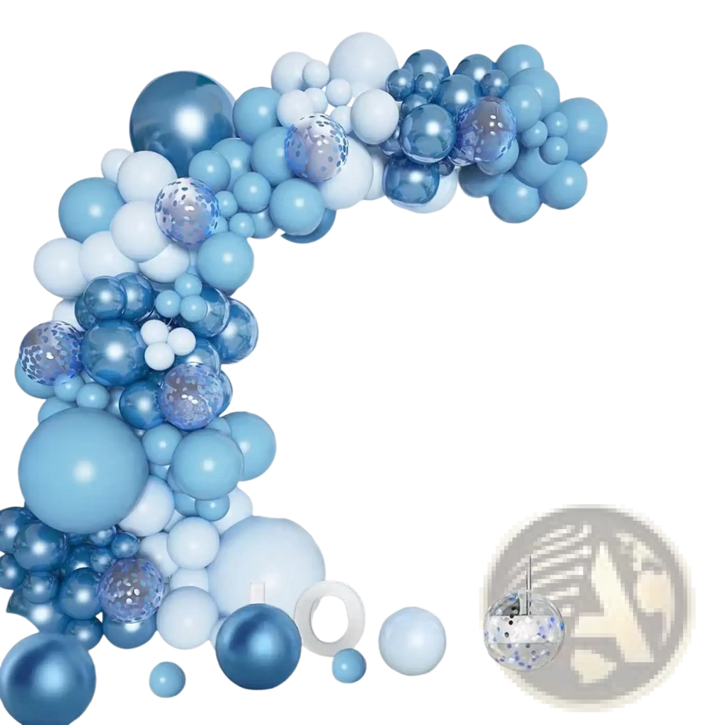 Blue balloon garland arch kit with various blue and white latex balloons including glittery confetti interiors