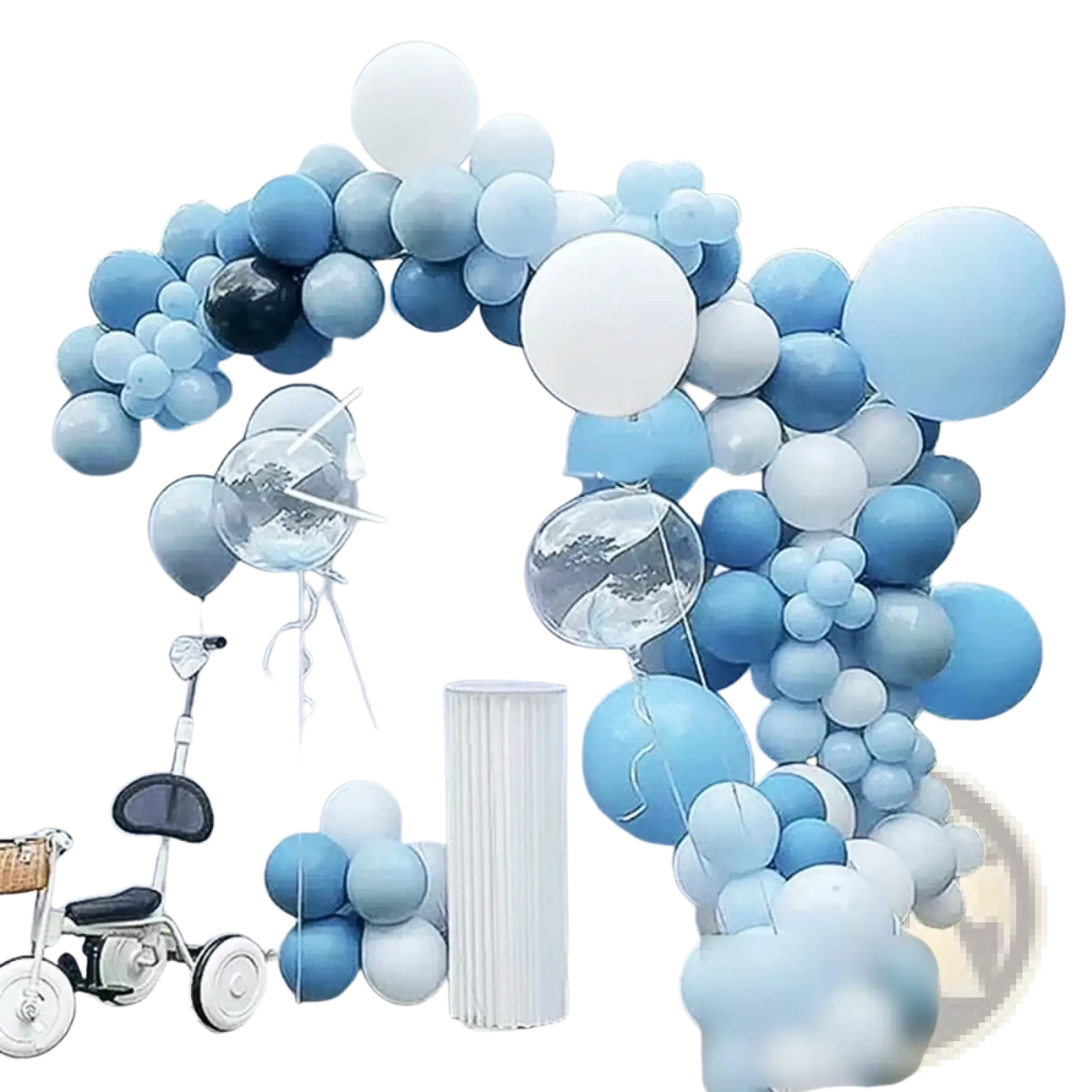 Blue balloon garland arch kit with various blue white and clear confetti balloons for party decoration set