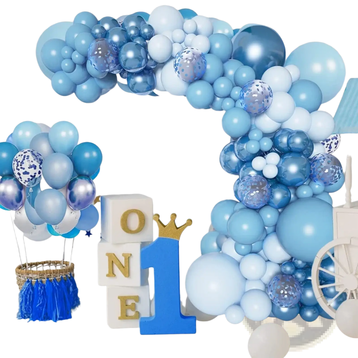 Festive blue balloon garland arch kit with varying solid and translucent shades and clear confetti balloons for party decor
