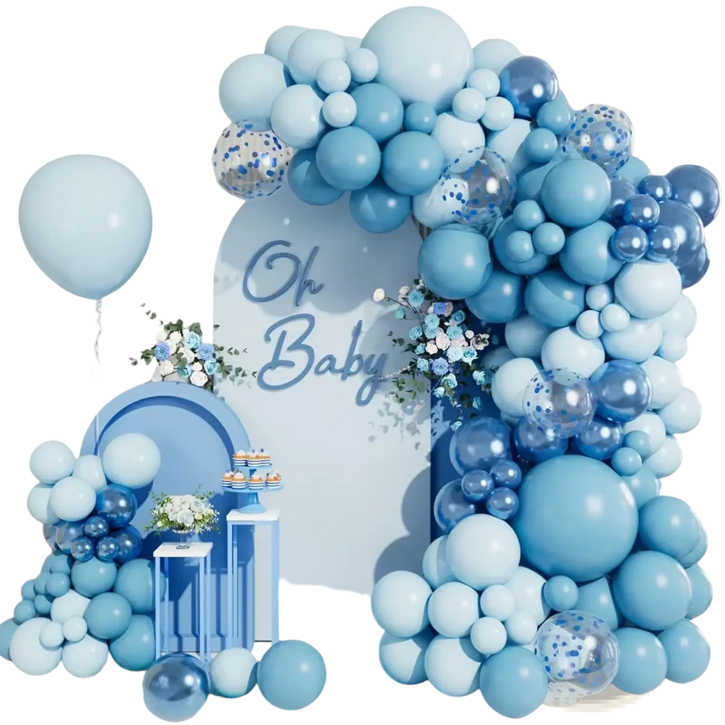 A lush blue balloon garland arch kit with multi-toned balloons and clear confetti-filled balloons for party decoration