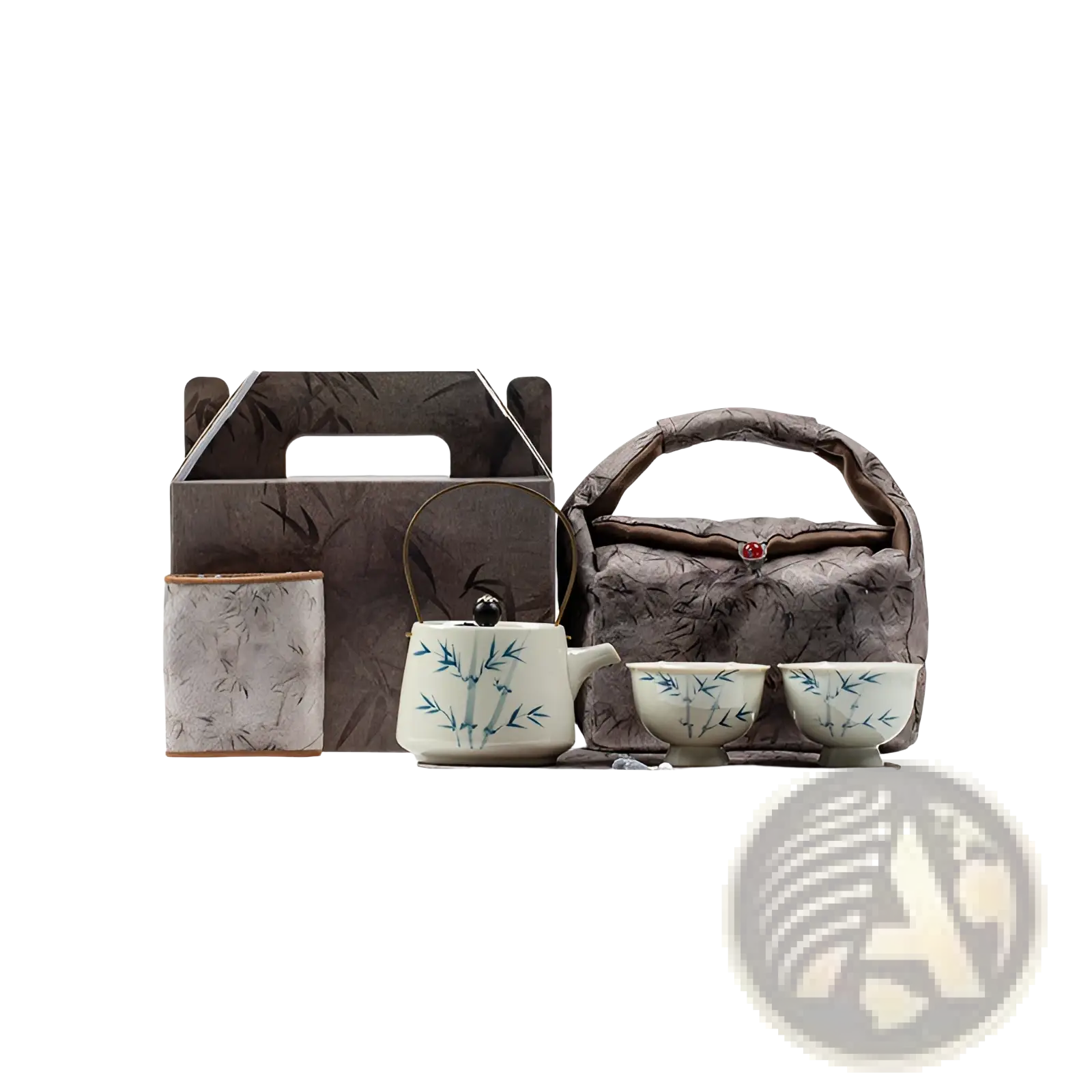 Blue bamboo ceramic teapot set with two cups featuring a white glazed teapot with blue bamboo leaf patterns and black knob