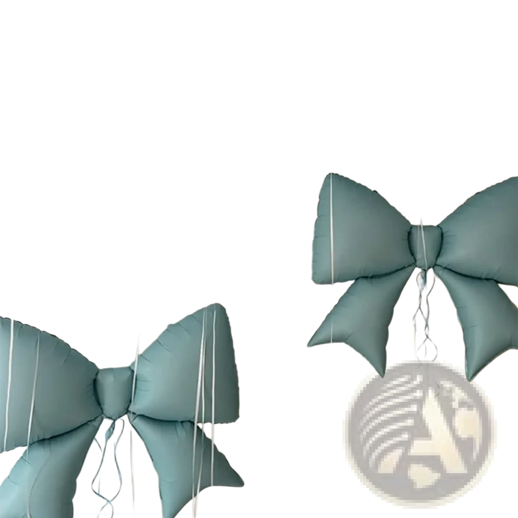 Light blue inflatable bow-shaped balloons with white ribbons hanging from the ceiling in the Blue Bear and Bow Balloon Party Set