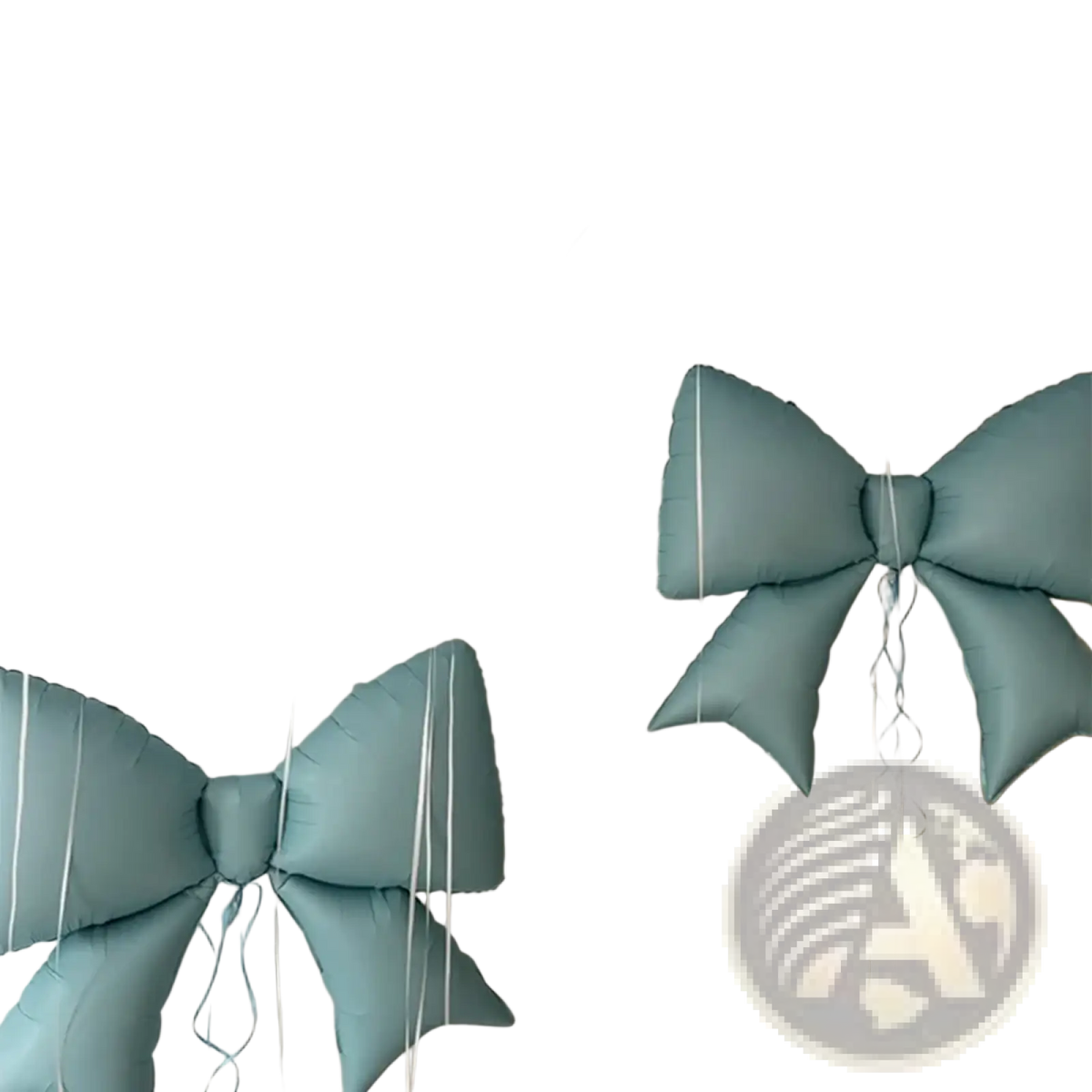 Light blue inflatable bow-shaped balloons with white ribbons hanging from the ceiling in the Blue Bear and Bow Balloon Party Set