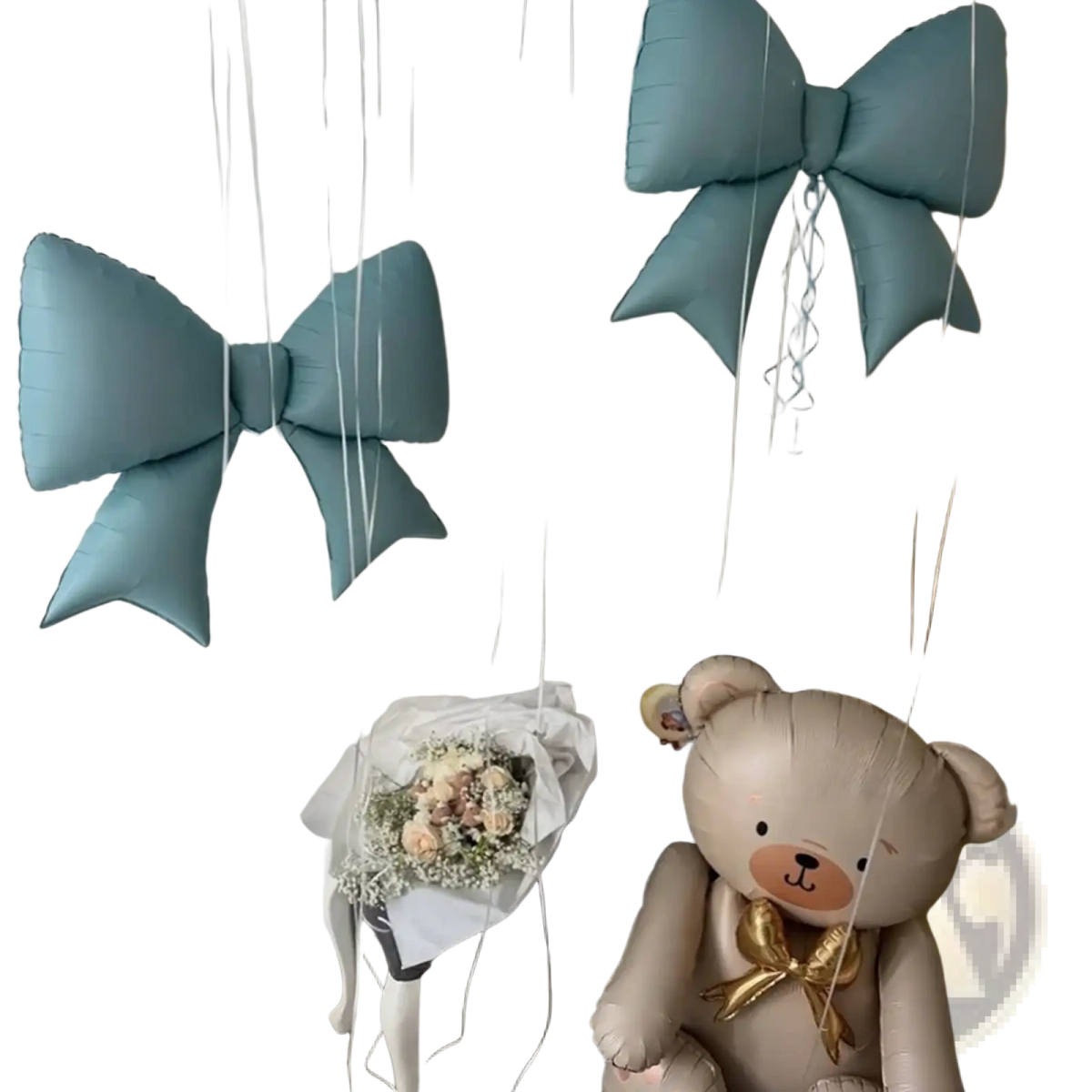 A plush beige teddy bear balloon with a shiny gold bow from the blue bear and bow balloon party set