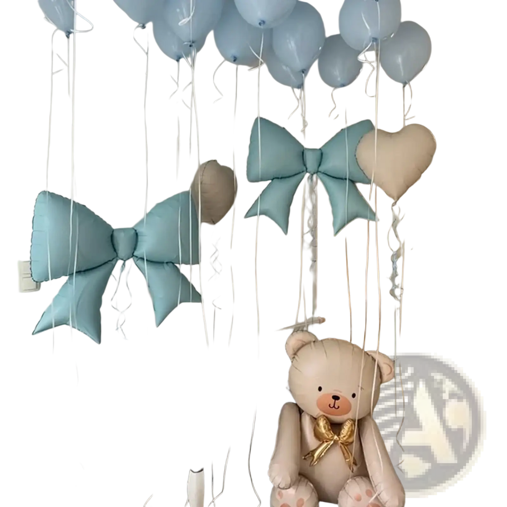 A plush beige teddy bear with a golden bow featured in the blue bear and bow balloon party set