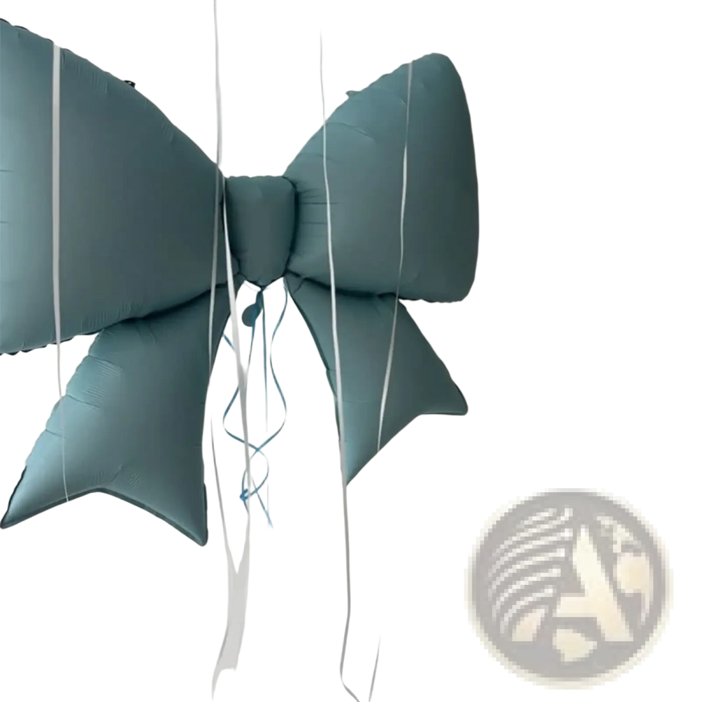 A large teal bow-shaped balloon with ribbon tails from the Blue Bear and Bow Balloon Party Set