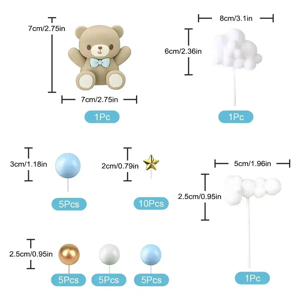 Beige plush bear cake topper with light blue bow tie for baby shower decor in blue bear cake topper set