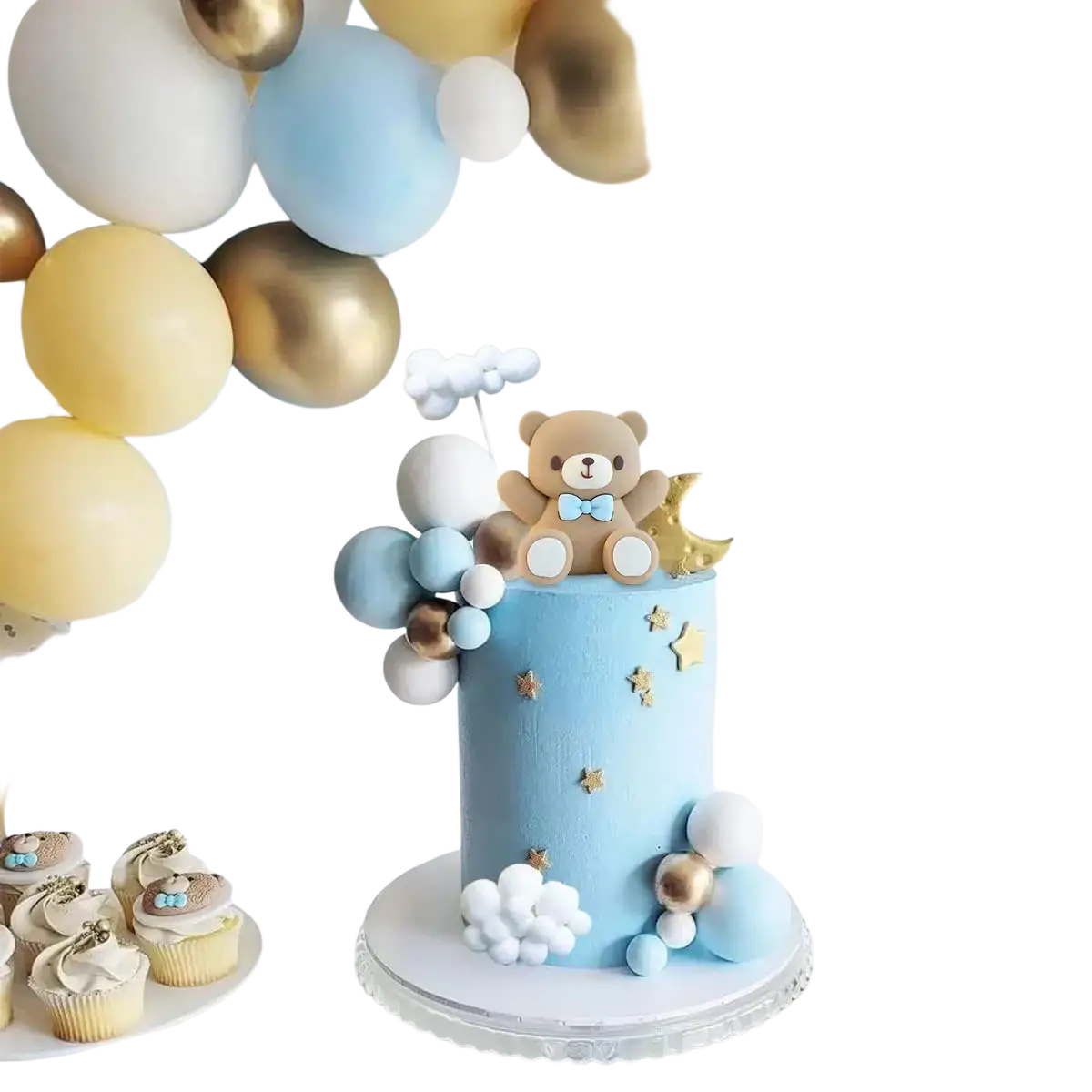 A charming light blue baby shower cake topper set featuring a plush teddy bear with a bow tie and decorative balloons