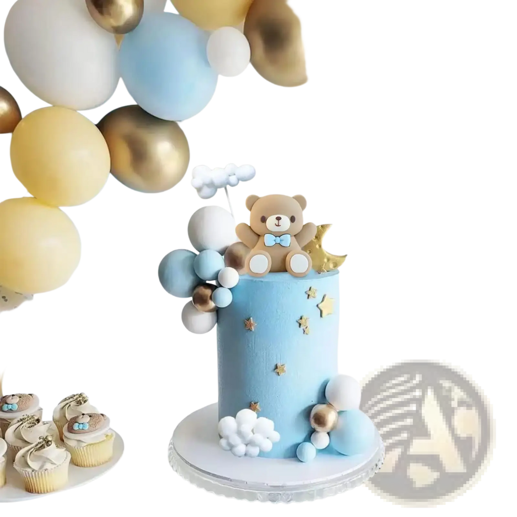 A charming light blue baby shower cake topper set featuring a plush teddy bear with a bow tie and decorative balloons