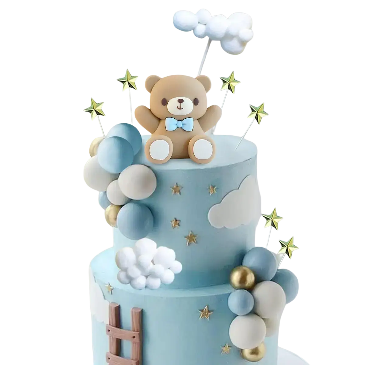 A charming two-tiered blue cake with a tan teddy bear topper and pastel balloon decor for baby shower use