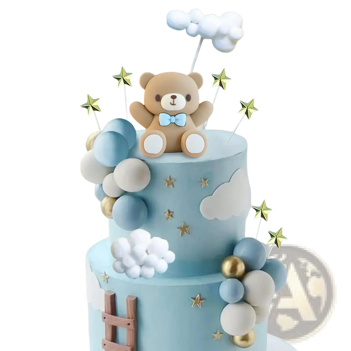 A charming two-tiered blue cake with a tan teddy bear topper and pastel balloon decor for baby shower use