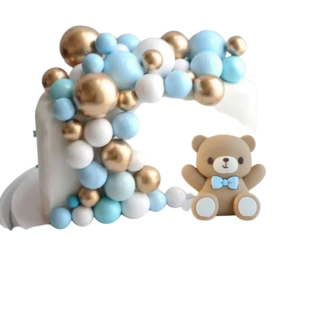 A white cake with blue bear cake topper set featuring light blue gold and white decorations for baby shower decor
