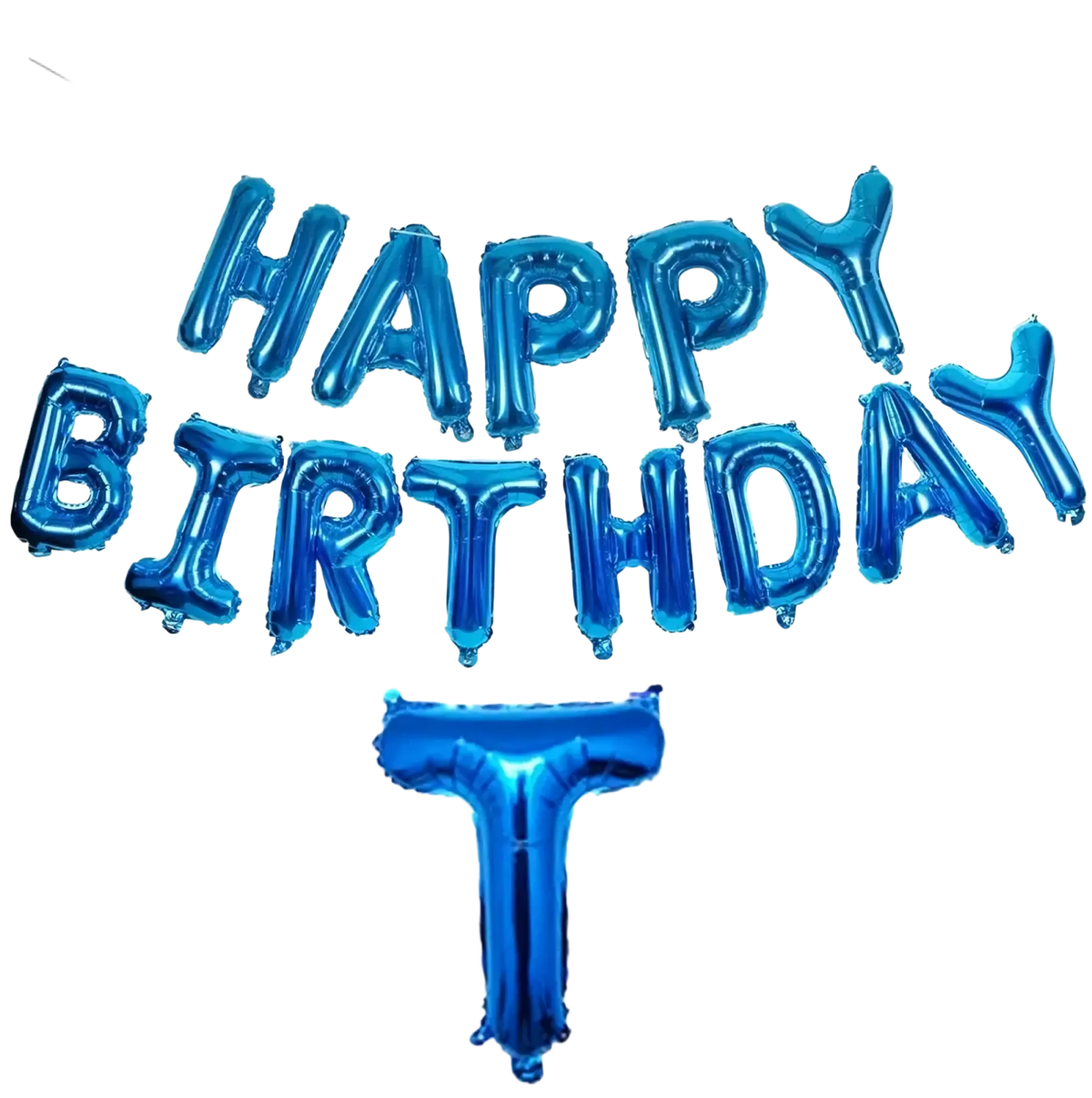 Blue birthday balloon banner and confetti kit with blue metallic foil letters spelling happy birthday with a 16-inch t balloon for scale