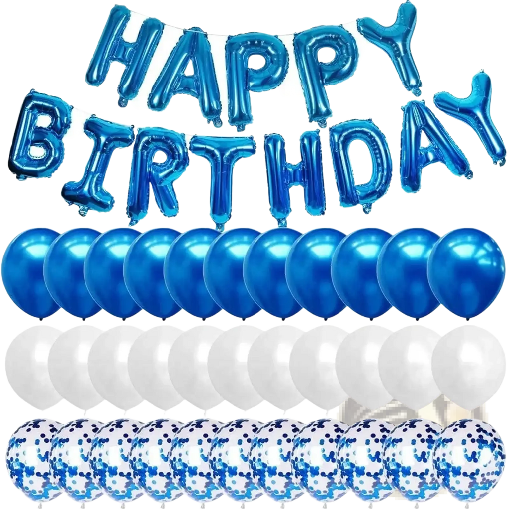 Blue birthday balloon banner and confetti kit featuring metallic foil happy birthday letters and matching confetti balloons
