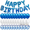 Blue birthday balloon banner and confetti kit featuring metallic foil happy birthday letters and matching confetti balloons