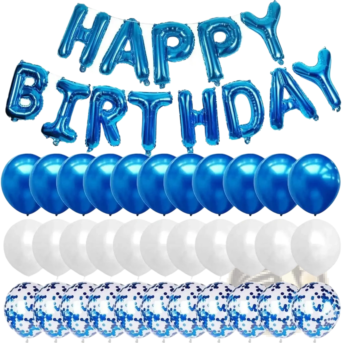 Blue birthday balloon banner and confetti kit featuring metallic foil happy birthday letters and matching confetti balloons